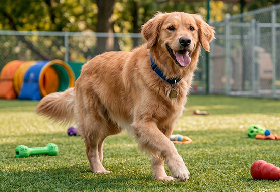 Happy dog playing in yard